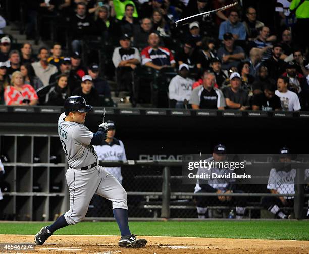 Jesus Montero of the Seattle Mariners breaks his bat as he grounds out during the fifth inning against the Chicago White Sox on August 27, 2015 at...