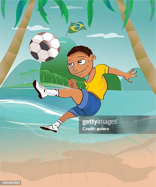 brazilian beach soccer kid - kicking-soccer-ball-clip-art stock illustrations