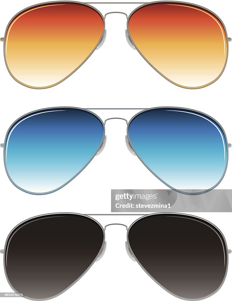 Aviator sunglasses with orange, blue, and dark grey lenses