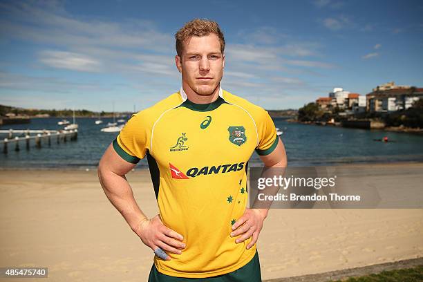 David Pocock of the Wallabies poses following an Australian Wallabies training session at Little Manly Beach on August 28, 2015 in Sydney, Australia.