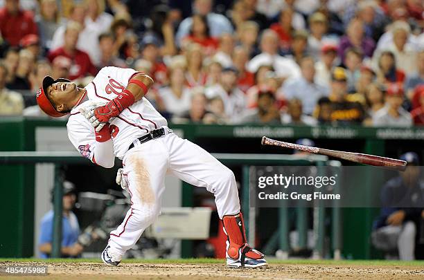 Yunel Escobar of the Washington Nationals falls to the ground after being hit by a pitch in the fifth inning against the San Diego Padres at...