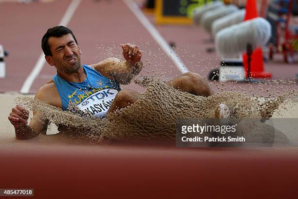 Oleksiy Kasyanov of Ukraine competes in the Men's Decathlon Long Jump during day seven of the 15th IAAF World Athletics Championships Beijing 2015 at...