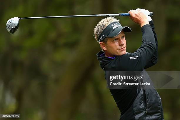 Luke Donald of England hits a tee shot on the 16th hole during the second round of the RBC Heritage at Harbour Town Golf Links on April 18, 2014 in...