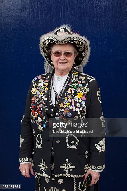 Pearly Queen Christine Prosser poses for a portrait outside the Widow's Son pub in Bromley-by-Bow on April 18, 2014 in London, England. The Widow's...