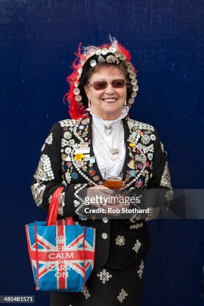 Pearly Queen Doreen Golding poses for a portrait outside the Widow's Son pub in Bromley-by-Bow on April 18, 2014 in London, England. The Widow's Son...