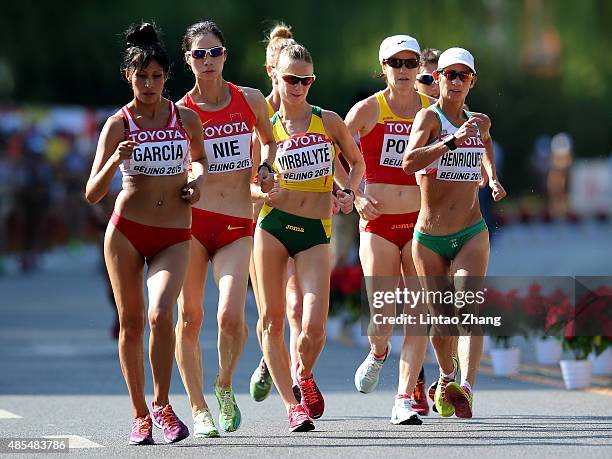 Kimberly Garcia of Peru leads the pack in the Women's 20km Race Walk final during day seven of the 15th IAAF World Athletics Championships Beijing...