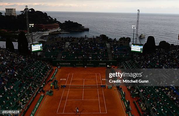 General view of play as the lights come on during the Novak Djokovic of Serbia and Guilermo Garcia-Lopez of Spain quarter final on day six of the ATP...