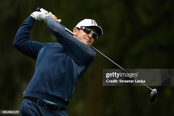 Scott Langley hits a tee shot on the 16th hole during the second round of the RBC Heritage at Harbour Town Golf Links on April 18, 2014 in Hilton...