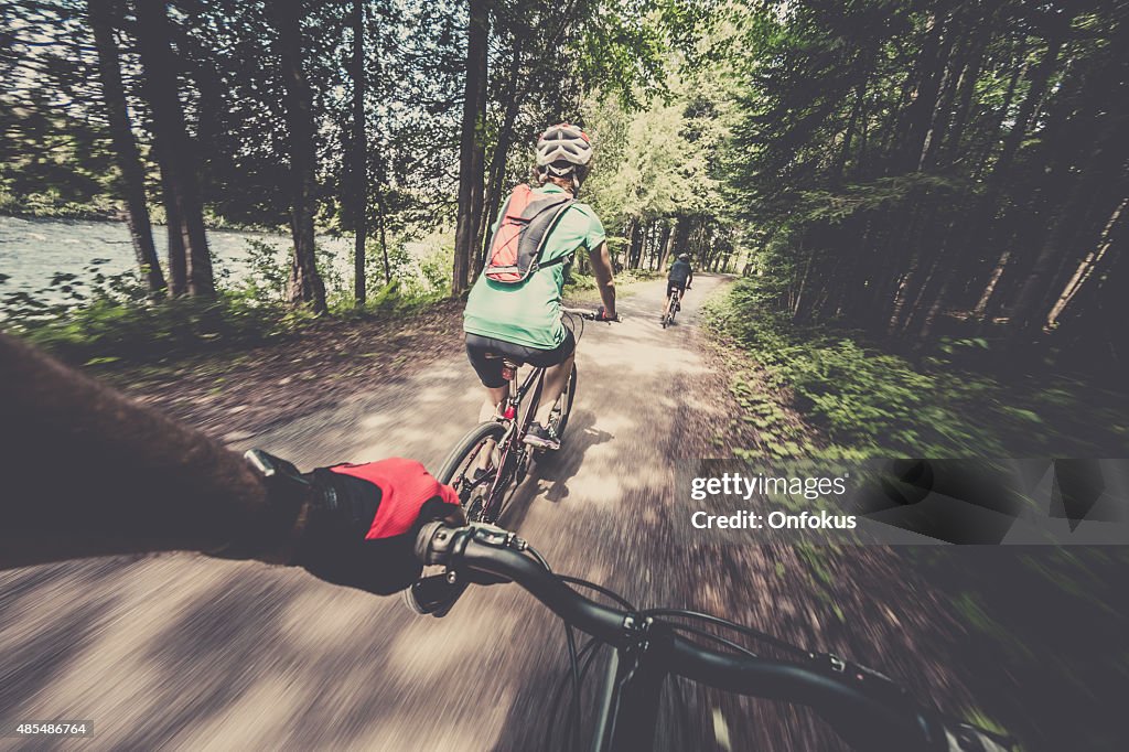 Point of view photograph of a mountain bike rider