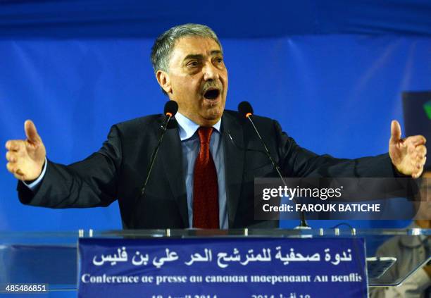 Algerian opposition leader Ali Benflis gestures during a press conference following his defeat in the presidential elections in Algiers on April 18,...