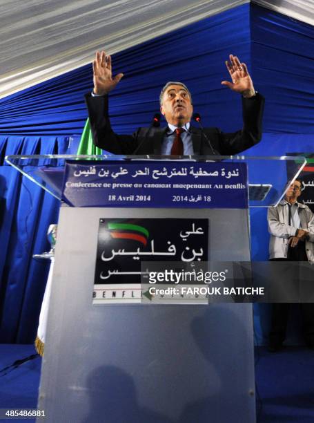 Algerian opposition leader Ali Benflis gestures during a press conference following his defeat in the presidential elections in Algiers on April 18,...