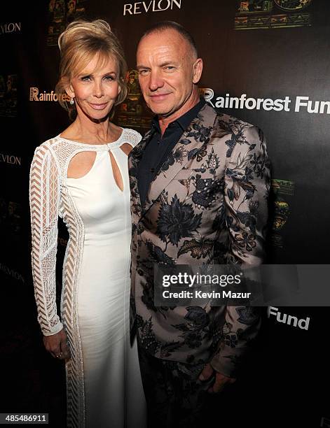 Trudie Styler and Sting arrive at the 25th Anniversary Rainforest Fund Benefit at Mandarin Oriental Hotel on April 17, 2014 in New York City.