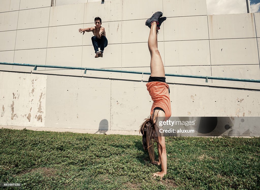 Practicing parkour in the city