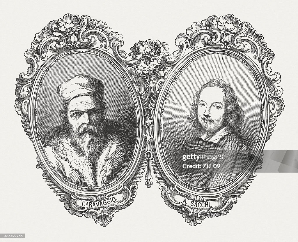 Caravaggio y Sacchi, pintores italiano de estilo barroco, publicado en 1878