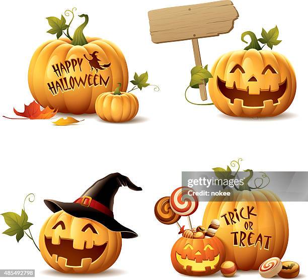 illustrazioni stock, clip art, cartoni animati e icone di tendenza di felice halloween zucca set - zucca