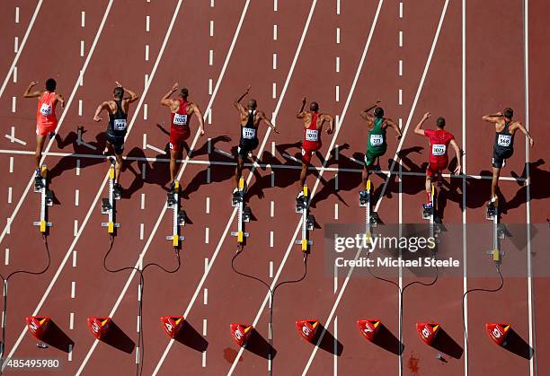 Runners sprint from the starting blocks in the Men's Decathlon 100 metres during day seven of the 15th IAAF World Athletics Championships Beijing...