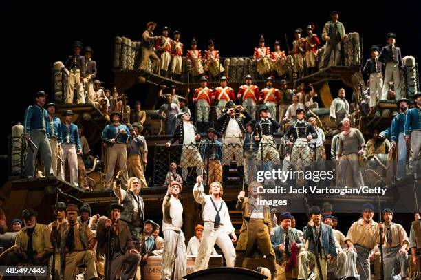 American baritone Nathan Gunn performs onstage during the final dress rehearsal of the Metropolitan Opera/John Dexter production of 'Billy Budd' at...