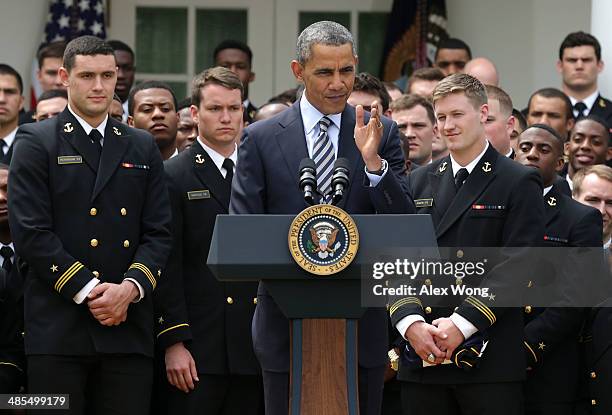 President Barack Obama speaks during a presentation ceremony of the Commander-in-Chief's Trophy to the United States Naval Academy football team at...