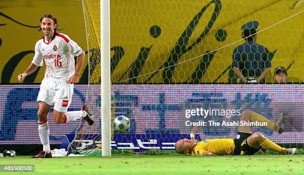 Joshua Kennedy of Nagoya Grampus celebrates scoring his team's first goal during the J.League match between JEF United Chiba and Nagoya Grampus at...