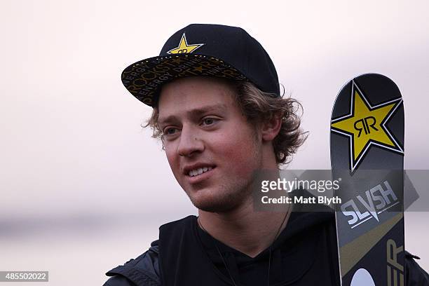 Third place Joss Christensen of the United States poses on the podium during the medal ceremony for the FIS Freestyle Ski World Cup Slopestyle Finals...