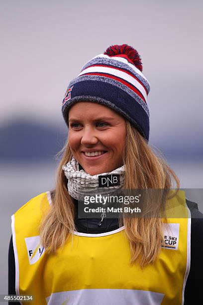 First place Tiril Sjaastad Christiansen of Norway poses on the podium during the medal ceremony for the FIS Freestyle Ski World Cup Slopestyle Finals...