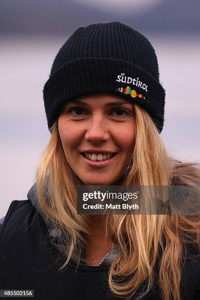 Second place Silvia Bertagna of Italy poses on the podium during the medal ceremony for the FIS Freestyle Ski World Cup Slopestyle Finals during the...