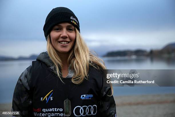 Second place Silvia Bertagna of Italy poses on the podium during the medal ceremony for the FIS Freestyle Ski World Cup Slopestyle Finals during the...