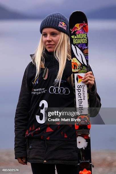 Third place Lisa Zimmermann of Germany poses on the podium during the medal ceremony for the FIS Freestyle Ski World Cup Slopestyle Finals during the...