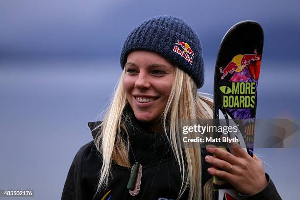 Third place Lisa Zimmermann of Germany poses on the podium during the medal ceremony for the FIS Freestyle Ski World Cup Slopestyle Finals during the...