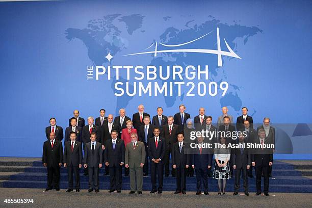 World leaders pose for the official group photo at the G-20 on September 25, 2009 in Pittsburgh, Pennsylvania. Heads of state from the world's...