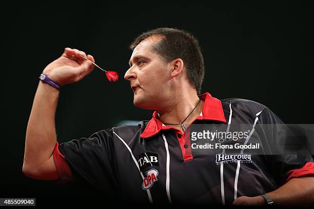 David Platt of Perth Australia in action during the Auckland Darts Masters at The Trusts Arena on August 28, 2015 in Auckland, New Zealand.