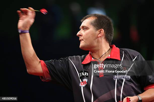 David Platt of Perth Australia in action during the Auckland Darts Masters at The Trusts Arena on August 28, 2015 in Auckland, New Zealand.