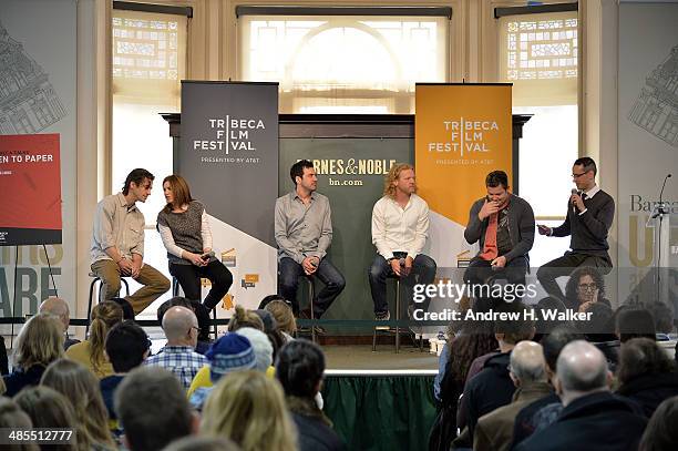 Moderator Gordon Cox with filmmakers Sam Cullman, Jennifer Grausman, Justin Weinstein, Tyler Measom and John Dower attend the Tribeca Talks Pen To...