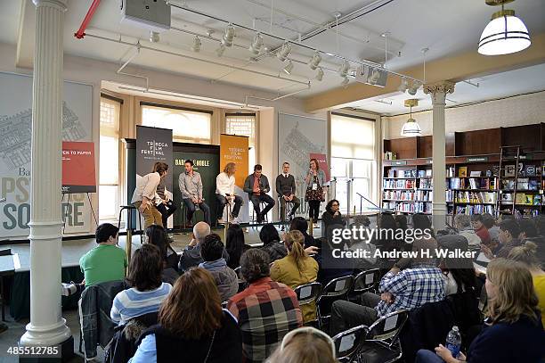 Moderator Gordon Cox with filmmakers Sam Cullman, Jennifer Grausman, Justin Weinstein, Tyler Measom and John Dower attend the Tribeca Talks Pen To...