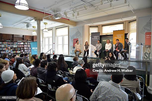 Moderator Gordon Cox with filmmakers Sam Cullman, Jennifer Grausman, Justin Weinstein, Tyler Measom and John Dower attend the Tribeca Talks Pen To...