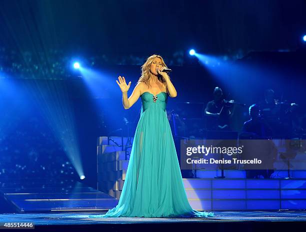Celine Dion premieres the much-anticipated return of her headline residency show at The Colosseum at Caesars Palace on August 27, 2015 in Las Vegas,...