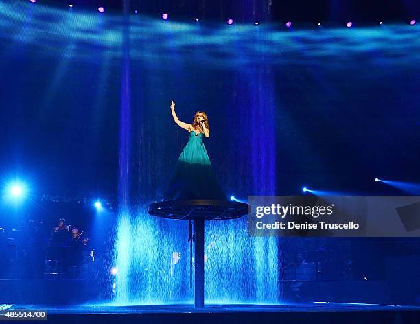 Celine Dion premieres the much-anticipated return of her headline residency show at The Colosseum at Caesars Palace on August 27, 2015 in Las Vegas,...