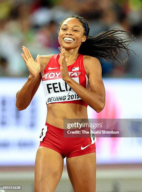 Allyson Felix of the United States celebrates winning the gold in the Women's 200m during day six of the 15th IAAF World Athletics Championships...