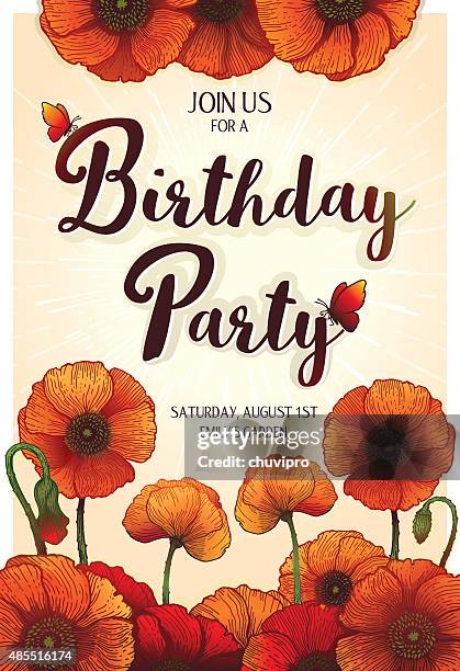 invitation to the birthday vertical card 10.4x15.2 cm red poppies - tall poppy stock illustrations