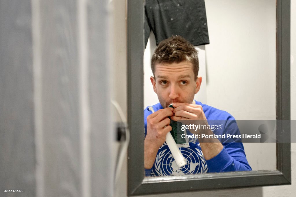 Blind Toothpaste Dylan Hedtler-Gaudette squirts toothpaste directly into his mouth as ...