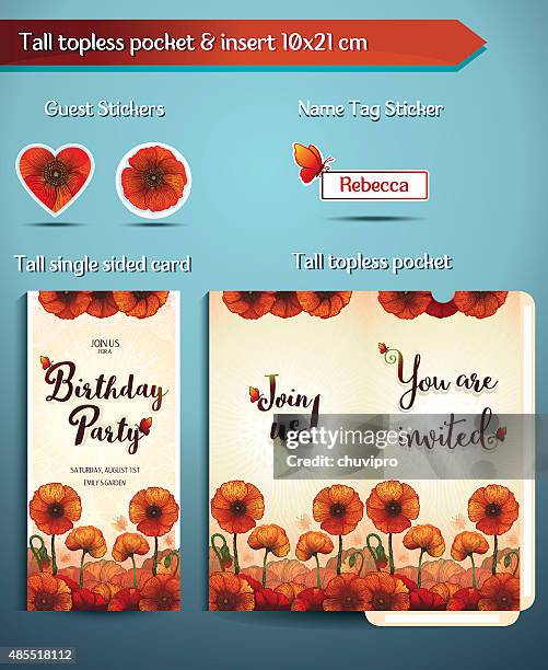 birthday party invitation set red poppies topless pocket and insert - tall poppy stock illustrations