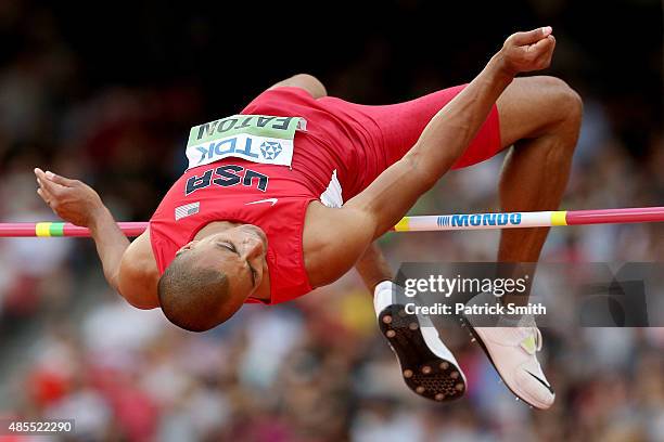 Ashton Eaton of the United States competes in the Men's Decathlon High Jump during day seven of the 15th IAAF World Athletics Championships Beijing...