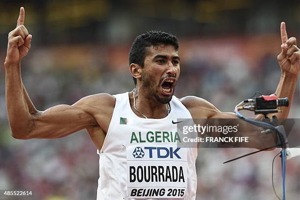 Algeria's Larbi Bourrada reacts during the high jump in the men's decathlon athletics event at the 2015 IAAF World Championships at the "Bird's Nest"...
