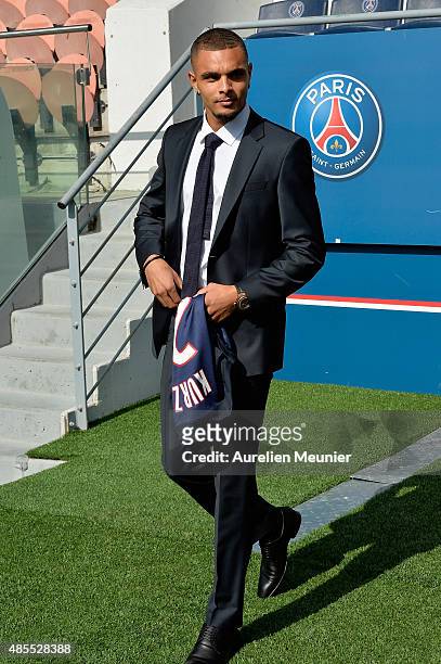 Layvin Kurzawa arrives for his presentation to the media at Parc des Princes on August 28, 2015 in Paris, France. Layvin Kurzawa signed a five years...