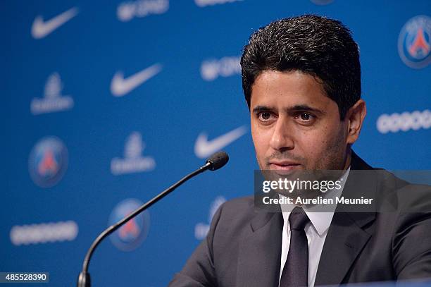 President Nasser Al-Khelaifi addresses the press during the presentation of Layvin Kurzawa to the media at Parc des Princes on August 28, 2015 in...