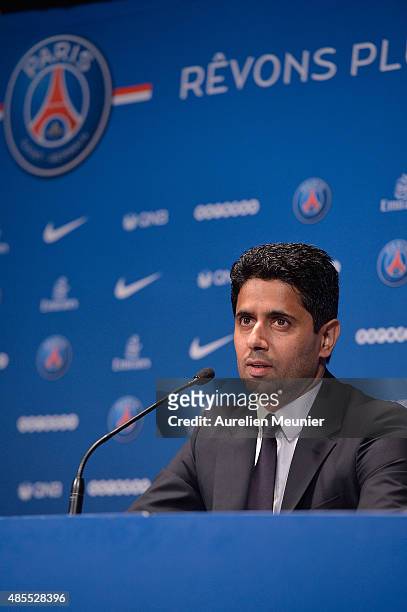 President Nasser Al-Khelaifi addresses the press during the presentation of Layvin Kurzawa to the media at Parc des Princes on August 28, 2015 in...