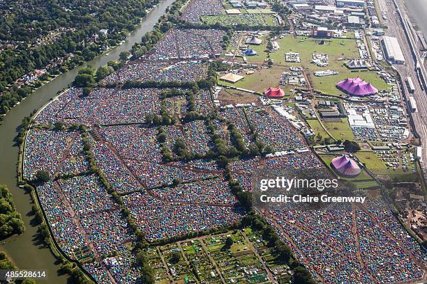 The festival site is viewed from the air next to the River Thames on Day 1 of The Reading Festival at Richfield Avenue on August 28, 2015 in Reading,...