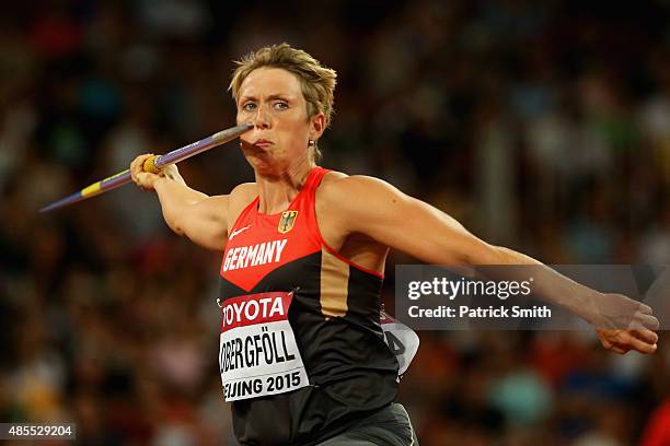 Christina Obergfoll of Germany competes in the Women's Javelin qualification during day seven of the 15th IAAF World Athletics Championships Beijing...