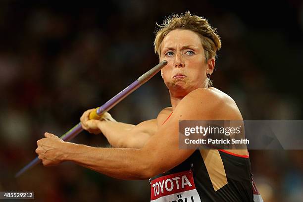 Christina Obergfoll of Germany competes in the Women's Javelin qualification during day seven of the 15th IAAF World Athletics Championships Beijing...