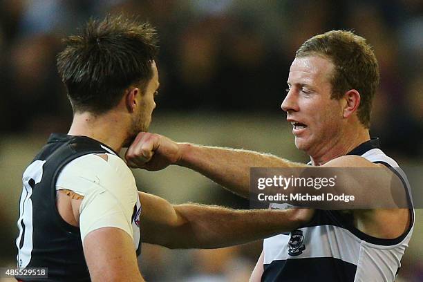 Steve Johnson of the Cats lands a punch on Nathan Brown of the Magpies during the round 22 AFL match between the Geelong Cats and the Collingwood...